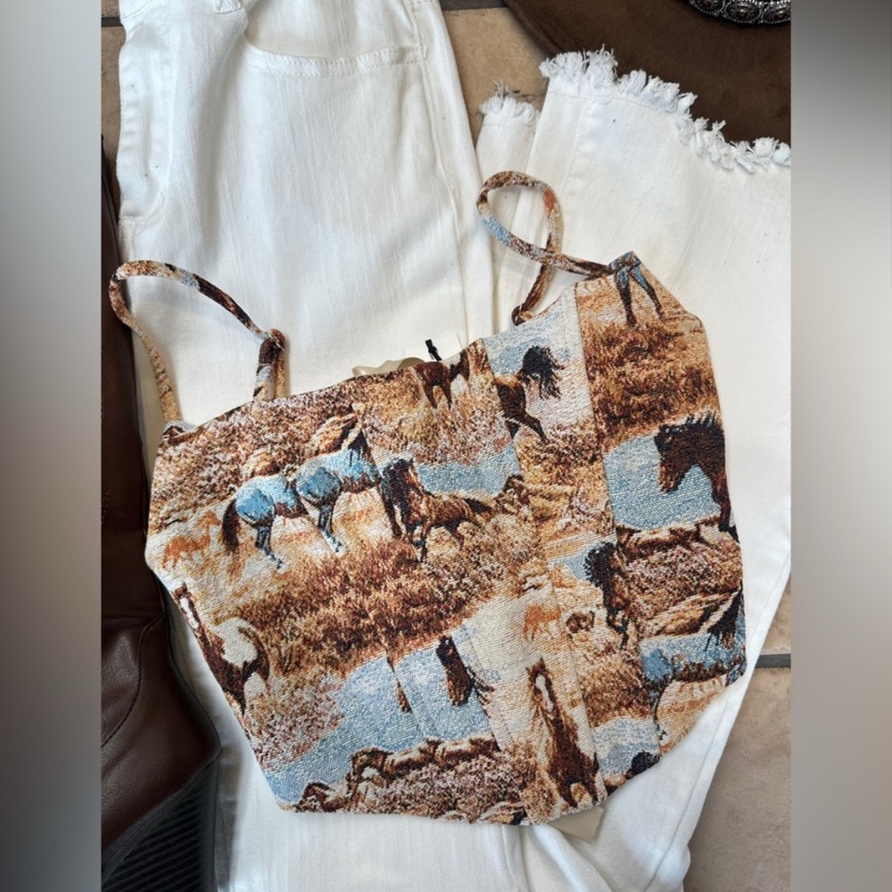 New! Western Wild Horses Print Tapestry CORSET TOP adjustable back lace closure